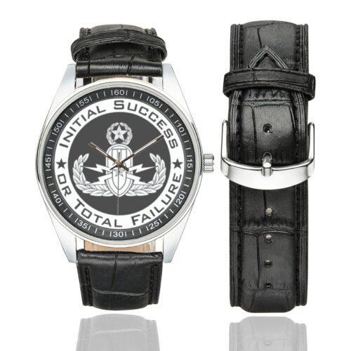 Men's casual watch with a round dial featuring the EOD Master ISoTF emblem, silver-tone case and black leather strap, shown with the strap to the side.