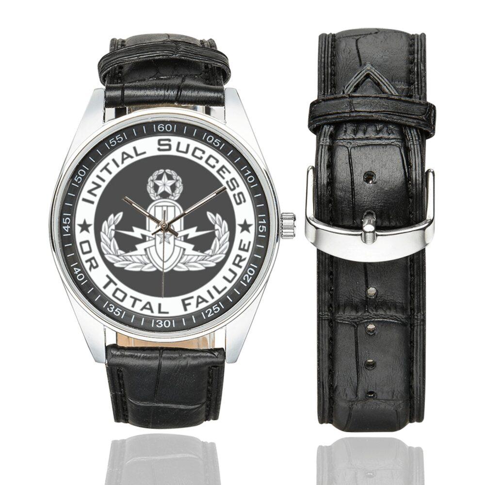 Men's casual watch with a round dial featuring the EOD Master ISoTF emblem, silver-tone case and black leather strap, shown with the strap to the side.