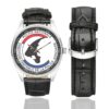 Men's casual watch with a round dial featuring the DCPJ emblem, silver-tone case and black leather strap, shown with the strap to the side.