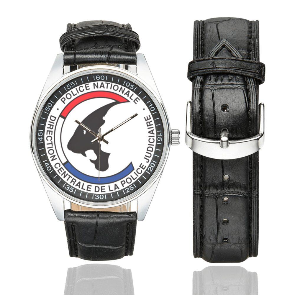 Men's casual watch with a round dial featuring the DCPJ emblem, silver-tone case and black leather strap, shown with the strap to the side.