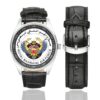 Men's casual watch with a round dial featuring the Royal Bahraini Air Force emblem, silver-tone case and black leather strap, shown with the strap to the side.