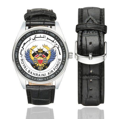 Men's casual watch with a round dial featuring the Royal Bahraini Air Force emblem, silver-tone case and black leather strap, shown with the strap to the side.