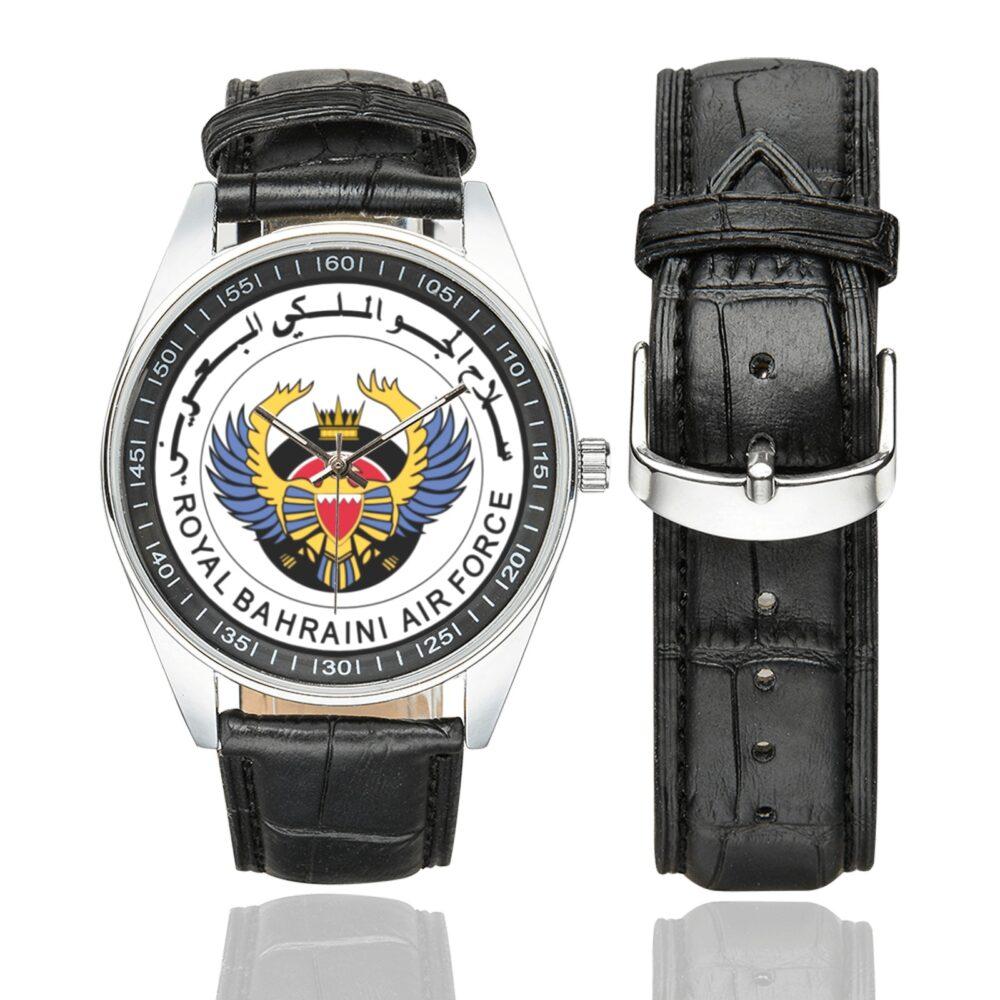 Men's casual watch with a round dial featuring the Royal Bahraini Air Force emblem, silver-tone case and black leather strap, shown with the strap to the side.