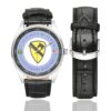 Men's casual watch with a round dial featuring the US Army 1st Cavalry Division Cold War Vet emblem, silver-tone case and black leather strap, shown with the strap to the side.