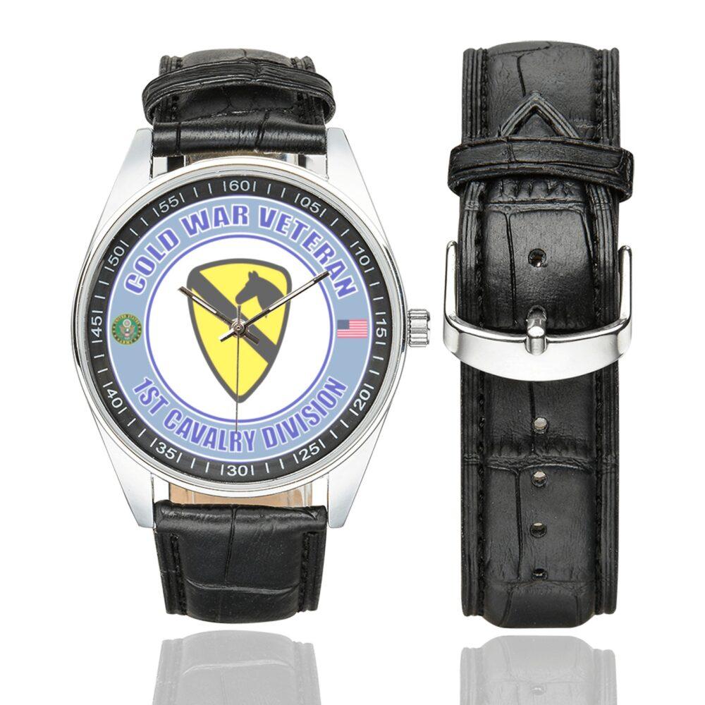 Men's casual watch with a round dial featuring the US Army 1st Cavalry Division Cold War Vet emblem, silver-tone case and black leather strap, shown with the strap to the side.