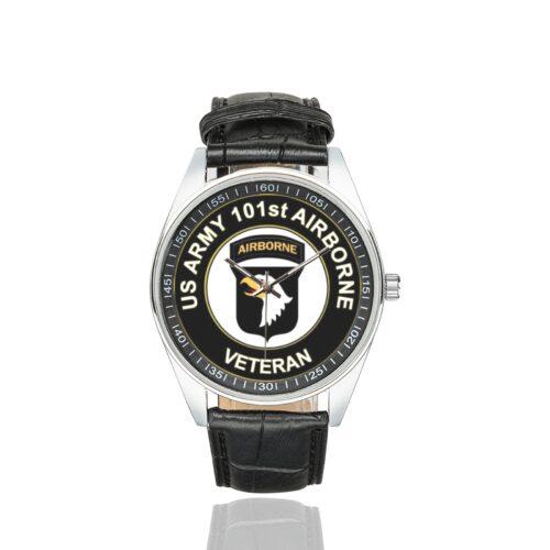 Men's casual watch with a round dial featuring the US Army 101st Airborne Division Veteran emblem, silver-tone case and black leather strap.