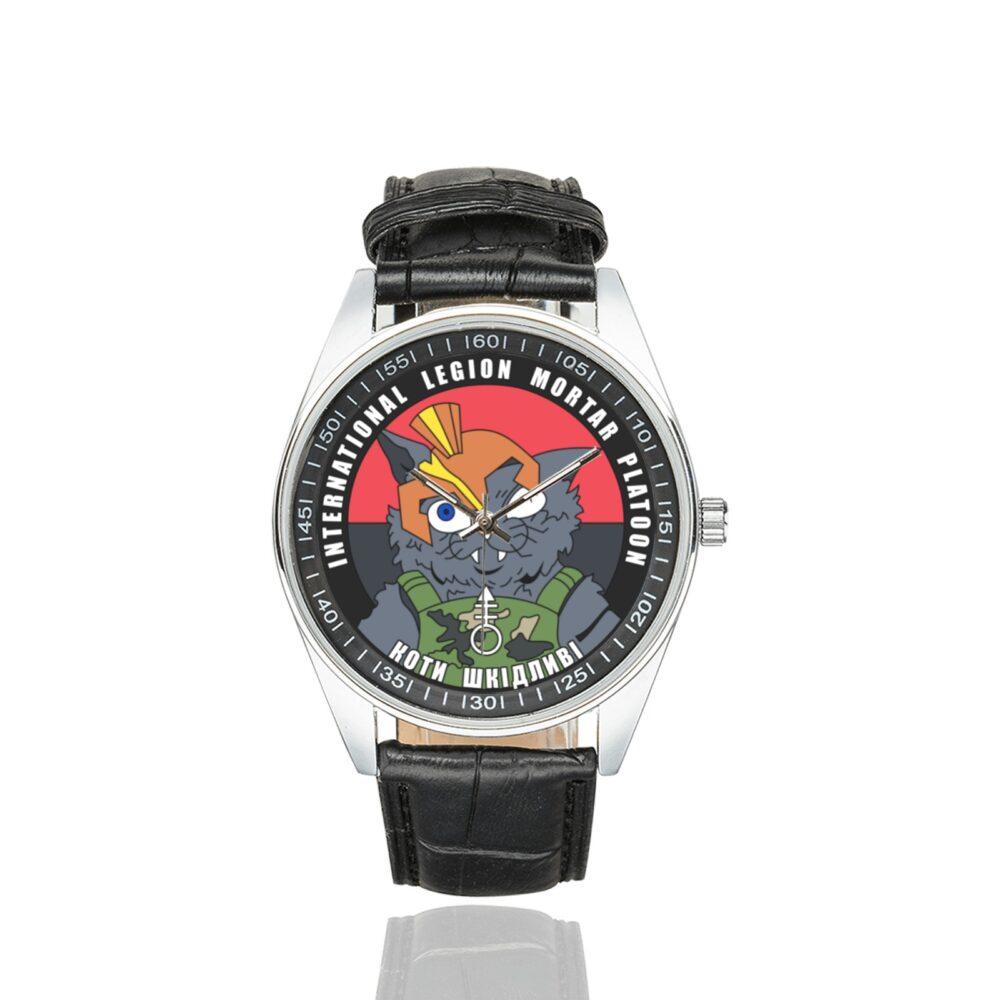 Men's casual watch with a round dial featuring the 1st Infantry Battalion International Legion mortar company emblem, silver-tone case and black leather strap.