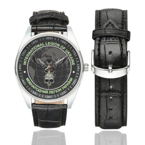 Men's casual watch with a round dial featuring the International Legion of the Defence Intelligence of Ukraine emblem, silver-tone case and black leather strap, shown with the strap to the side.
