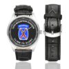 Men's casual watch with a round dial featuring the 10th mountain div emblem, silver-tone case and black leather strap, shown with the strap to the side.