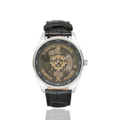 Men's casual watch with a round dial featuring the 3rd Separate Motorized Battalion Volya emblem, silver-tone case and black leather strap.