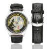 Men's casual watch with a round dial featuring the Brigade de Recherche et d'Intervention (PP) emblem, silver-tone case and black leather strap, shown with the strap to the side.
