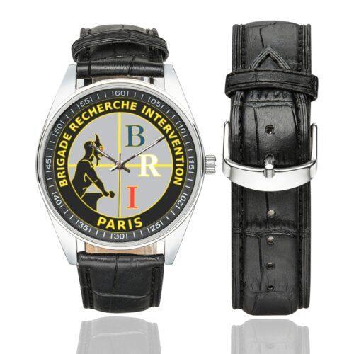 Men's casual watch with a round dial featuring the Brigade de Recherche et d'Intervention (PP) emblem, silver-tone case and black leather strap, shown with the strap to the side.