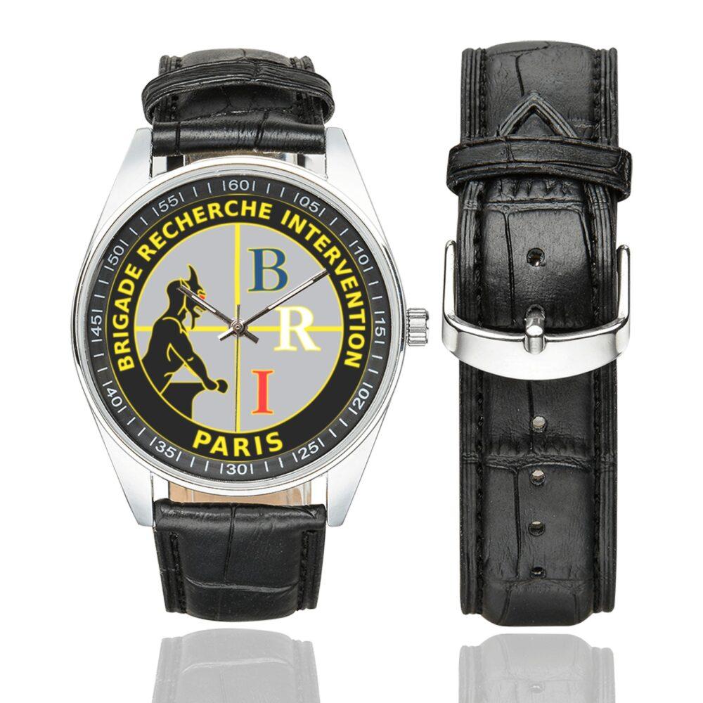 Men's casual watch with a round dial featuring the Brigade de Recherche et d'Intervention (PP) emblem, silver-tone case and black leather strap, shown with the strap to the side.