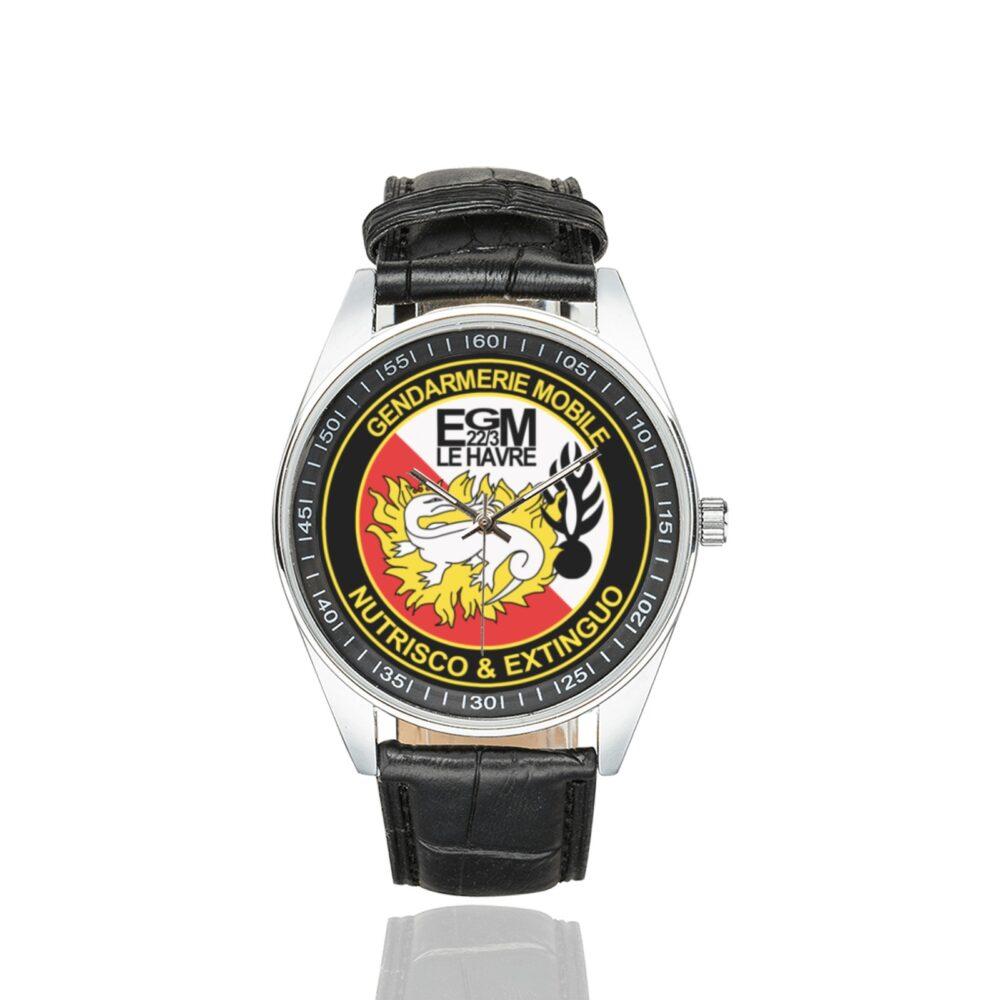 Men's casual watch with a round dial featuring the EGM 22-3 Le Havre emblem, silver-tone case and black leather strap.