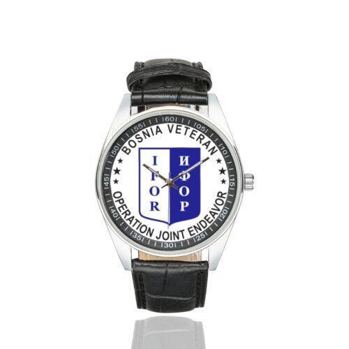 Men's casual watch with a round dial featuring the Bosnia Veteran Operation Joint Endeavor emblem, silver-tone case and black leather strap.