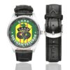 Men's casual watch with a round dial featuring the US Army Airborne Recon Vietnam Veteran emblem, silver-tone case and black leather strap, shown with the strap to the side.
