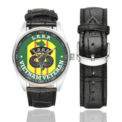 Men's casual watch with a round dial featuring the US Army Airborne Recon Vietnam Veteran emblem, silver-tone case and black leather strap, shown with the strap to the side.