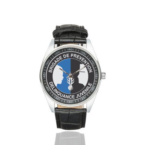 Men's casual watch with a round dial featuring the BPDJ emblem, silver-tone case and black leather strap.