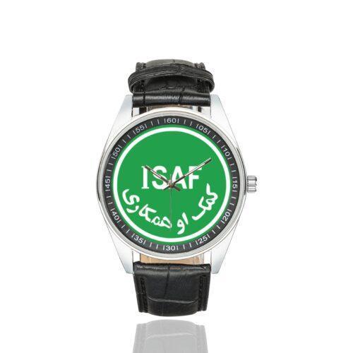 Men's casual watch with a round dial featuring the International Security Assistance Force emblem, silver-tone case and black leather strap.