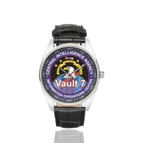 Men's casual watch with a round dial featuring the CIA Vault 7 Cyber Warfare emblem, silver-tone case and black leather strap.