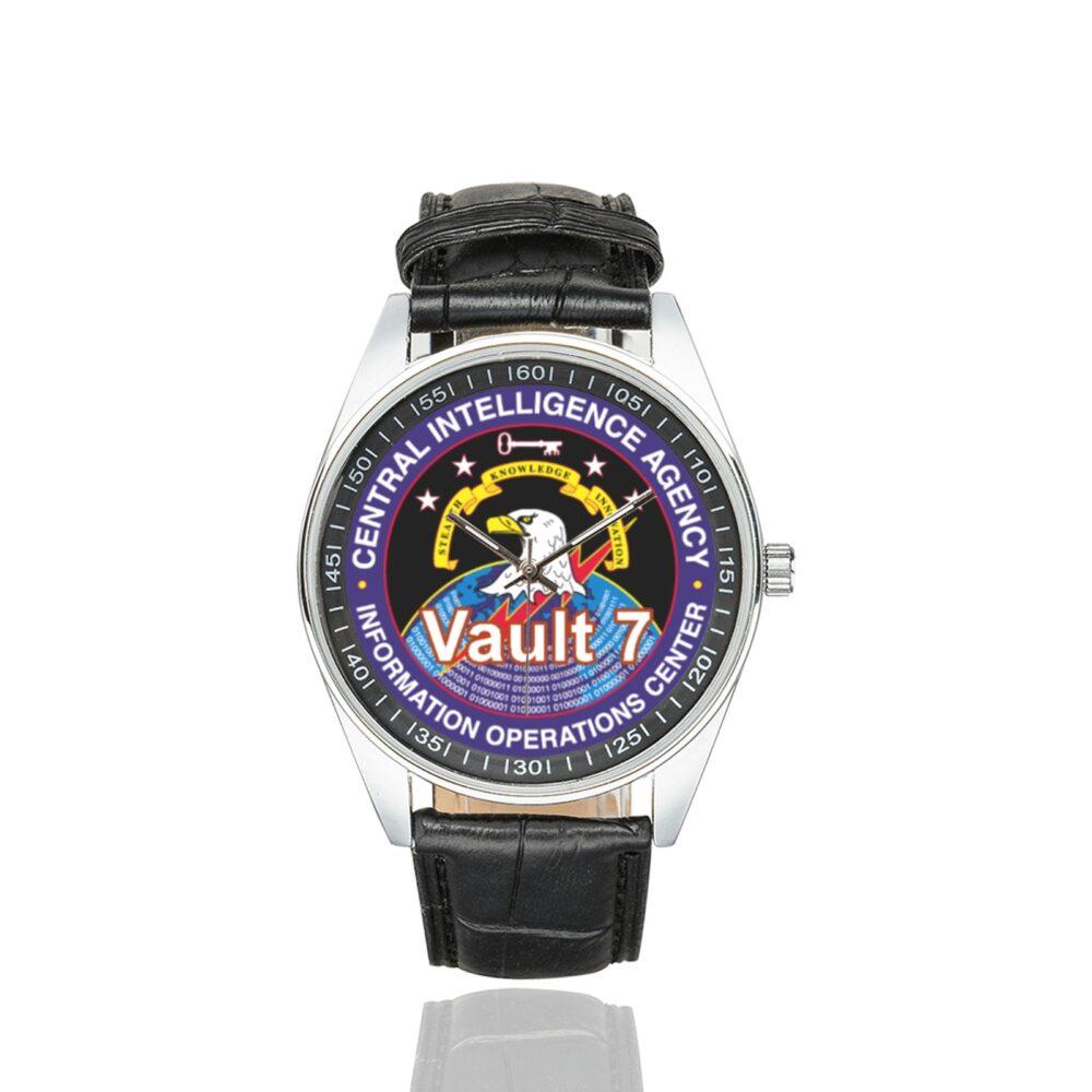 Men's casual watch with a round dial featuring the CIA Vault 7 Cyber Warfare emblem, silver-tone case and black leather strap.