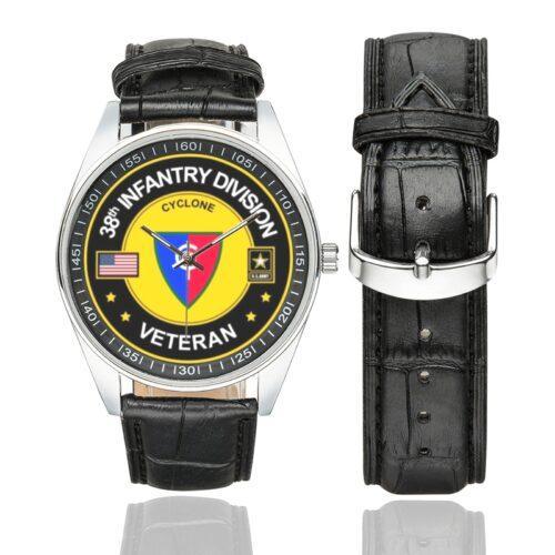 Men's casual watch with a round dial featuring the US Army 38th Infantry Division Veteran emblem, silver-tone case and black leather strap, shown with the strap to the side.
