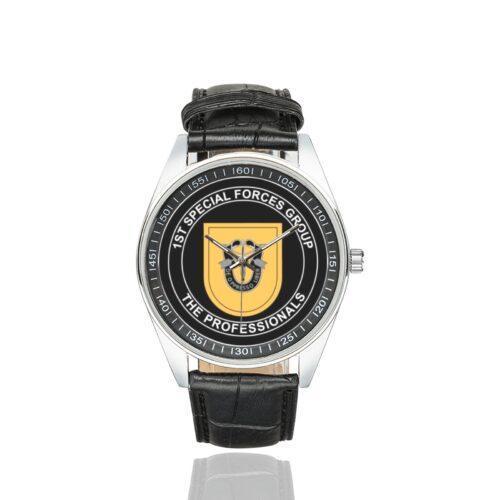 Men's casual watch with a round dial featuring the 1st Special Forces Group 3 emblem, silver-tone case and black leather strap.