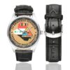 Men's casual watch with a round dial featuring the US Army 1st Armored Division OEF Veteran - emblem, silver-tone case and black leather strap, shown with the strap to the side.