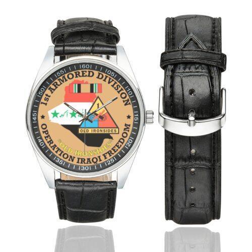 Men's casual watch with a round dial featuring the US Army 1st Armored Division OEF Veteran - emblem, silver-tone case and black leather strap, shown with the strap to the side.