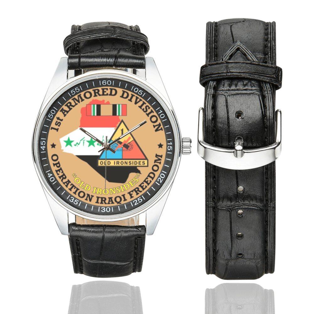 Men's casual watch with a round dial featuring the US Army 1st Armored Division OEF Veteran - emblem, silver-tone case and black leather strap, shown with the strap to the side.