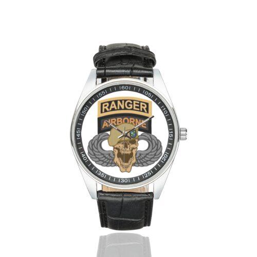 Men's casual watch with a round dial featuring the US Army Airborne Ranger emblem, silver-tone case and black leather strap.