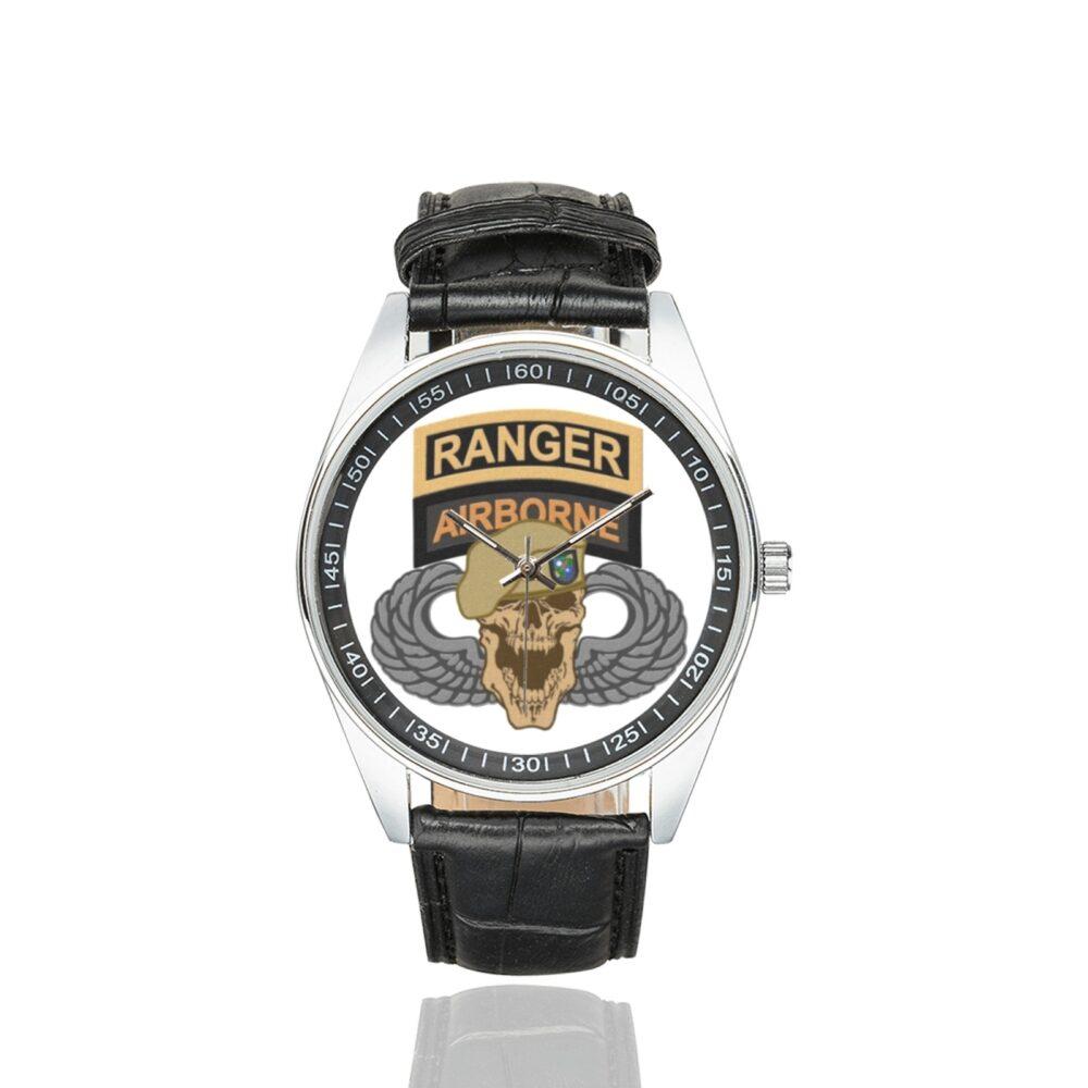 Men's casual watch with a round dial featuring the US Army Airborne Ranger emblem, silver-tone case and black leather strap.