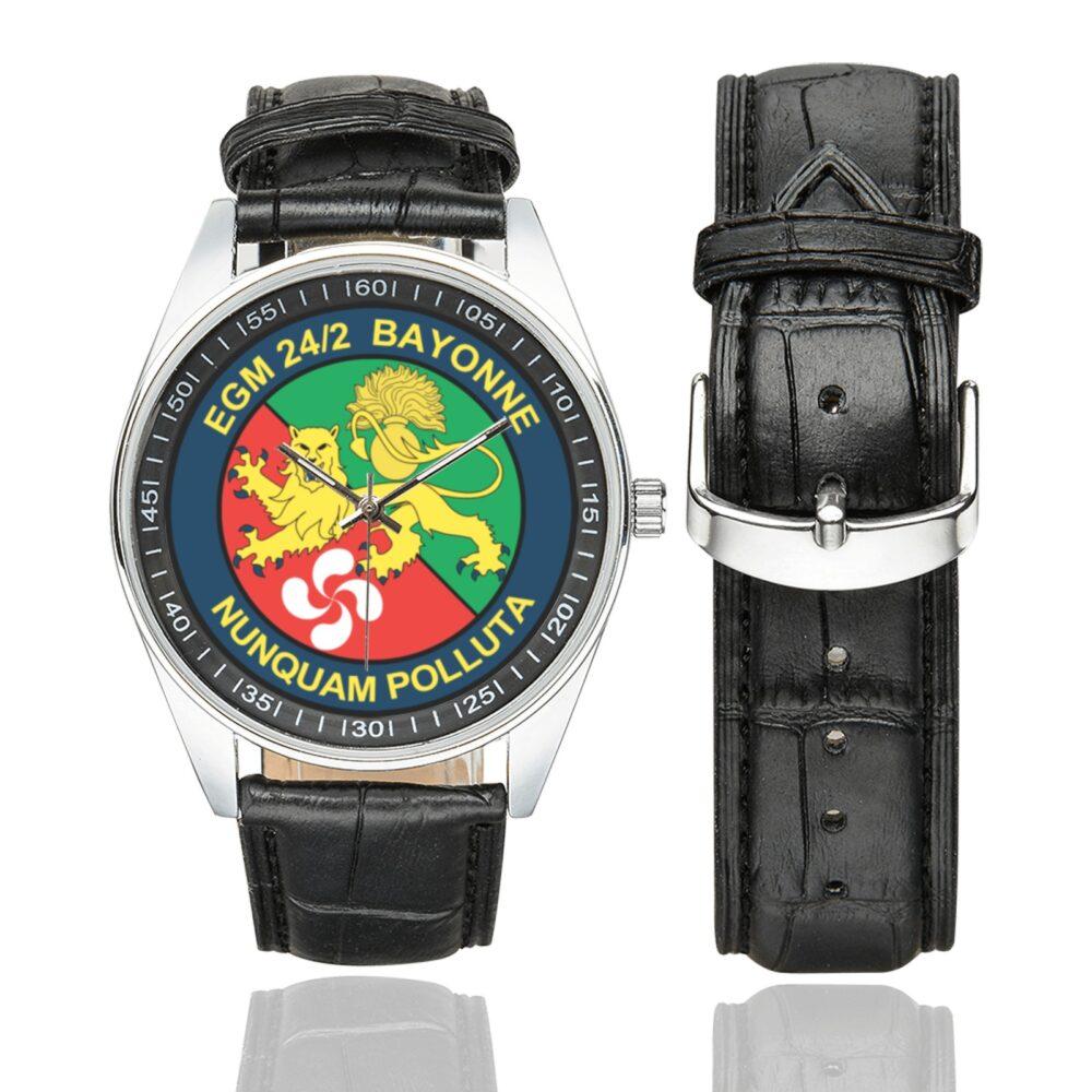 Men's casual watch with a round dial featuring the EGM 24-2 Bayonne emblem, silver-tone case and black leather strap, shown with the strap to the side.