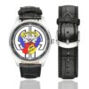 Men's casual watch with a round dial featuring the US Army 504th Parachute Infantry Regt. emblem, silver-tone case and black leather strap, shown with the strap to the side.