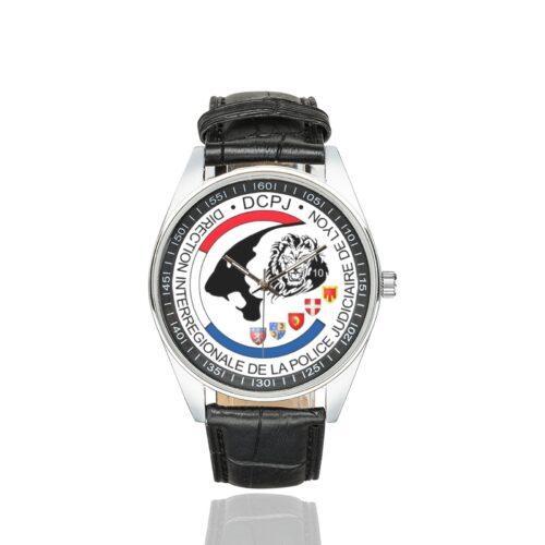 Men's casual watch with a round dial featuring the DCPJ Lyon emblem, silver-tone case and black leather strap.