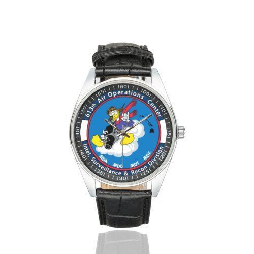 Men's casual watch with a round dial featuring the 613th Air Operations Center emblem, silver-tone case and black leather strap.