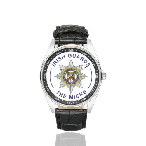 Men's casual watch with a round dial featuring the Irish Guards- The Micks emblem, silver-tone case and black leather strap.