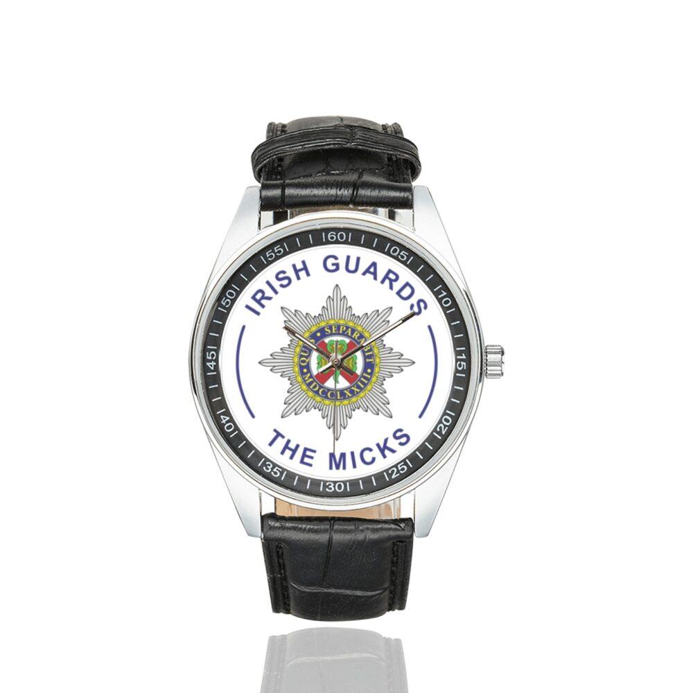 Men's casual watch with a round dial featuring the Irish Guards- The Micks emblem, silver-tone case and black leather strap.