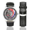 Men's casual watch with a round dial featuring the USAF 131st Fighter Squadron Eagle Driver emblem, silver-tone case and black leather strap, shown with the strap to the side.