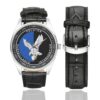 Men's casual watch with a round dial featuring the PSIG emblem, silver-tone case and black leather strap, shown with the strap to the side.
