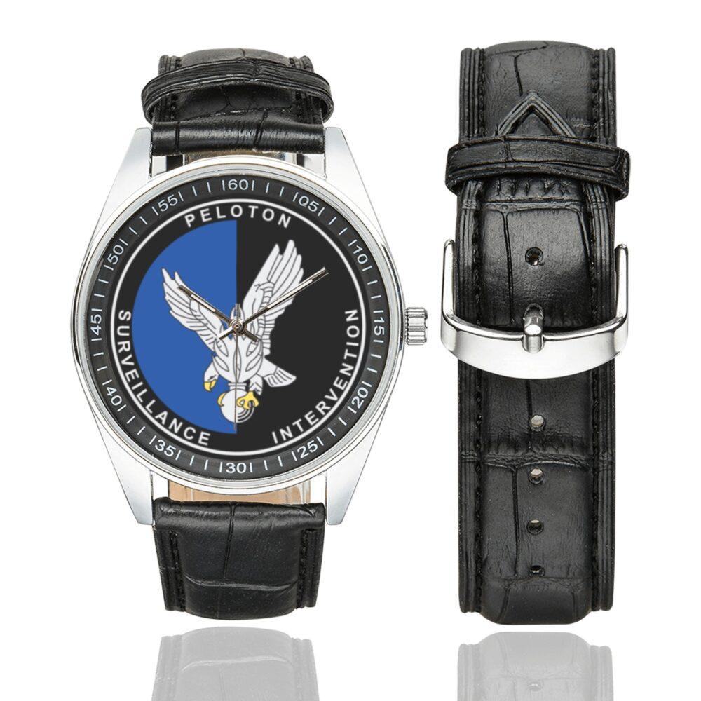 Men's casual watch with a round dial featuring the PSIG emblem, silver-tone case and black leather strap, shown with the strap to the side.