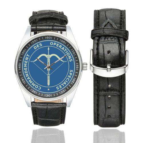 Men's casual watch with a deep blue dial bearing the white text "Commandement des Opérations Spéciales", silver-tone round case and black strap with buckle, shown front view with the strap presented to the side.