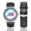 Men's casual watch with a round dial featuring the CFM Gendarmerie emblem, silver-tone case and black leather strap, shown with the strap to the side.