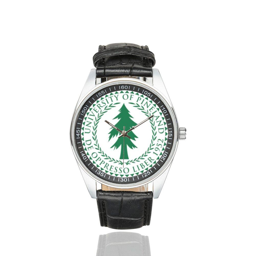 Men's casual watch with a round dial featuring the Special Forces Pineland - Robin Sage emblem, silver-tone case and black leather strap.