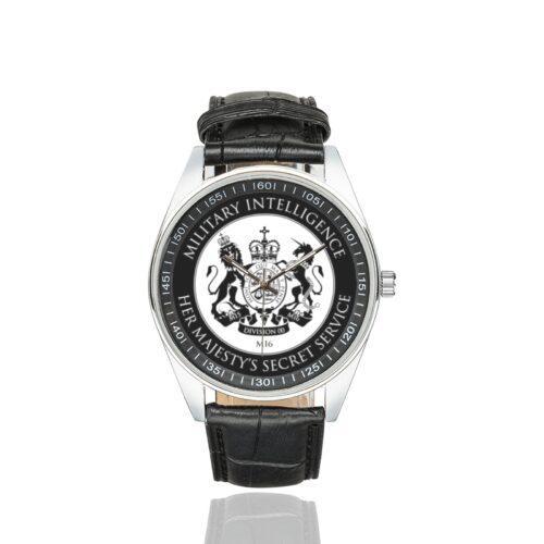Men's casual watch with a round dial featuring the British MI6 Counter Intelligence emblem, silver-tone case and black leather strap.