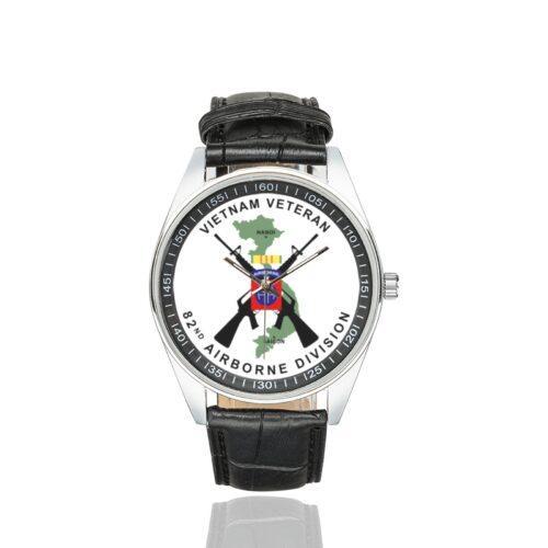 Men's casual watch with a round dial featuring the Vietnam Veteran 82nd Airborne emblem, silver-tone case and black leather strap.