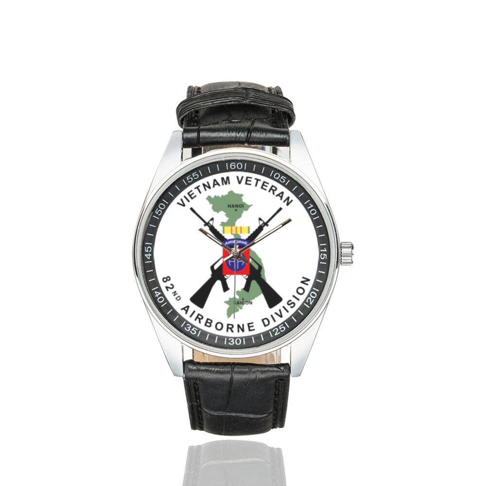 Men's casual watch with a round dial featuring the Vietnam Veteran 82nd Airborne emblem, silver-tone case and black leather strap.