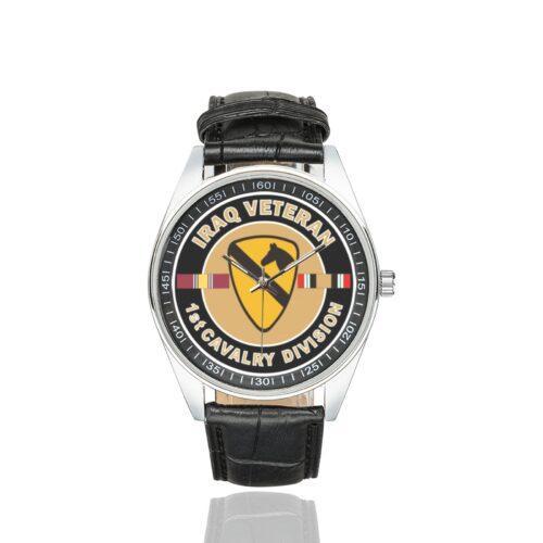 Men's casual watch with a round dial featuring the US Army 1st Cavalry Division Iraq Veteran emblem, silver-tone case and black leather strap.