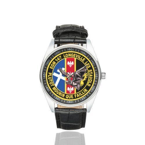 Men's casual watch with a round dial featuring the EGM 14-7 Longeville-les-Saint-Avold emblem, silver-tone case and black leather strap.