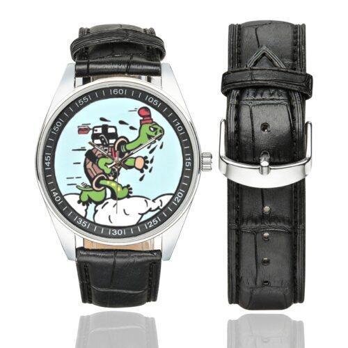 Men's casual watch with a round dial featuring the USAF Air Mobility Command Test and Evaluation Squadron emblem, silver-tone case and black leather strap, shown with the strap to the side.